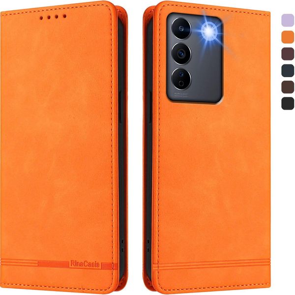 Custodia Per Vivo V27 / V27 Pro, Custodia Retro In Finto Cuoio Con Supporto E Slot Per Carte Di Credito Arancione-image
