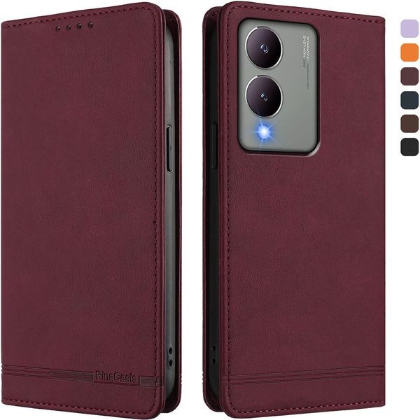 Custodia Per Vivo Y17S, Custodia Retro In Finto Cuoio Con Supporto E Slot Per Carte Di Credito Rosso-image