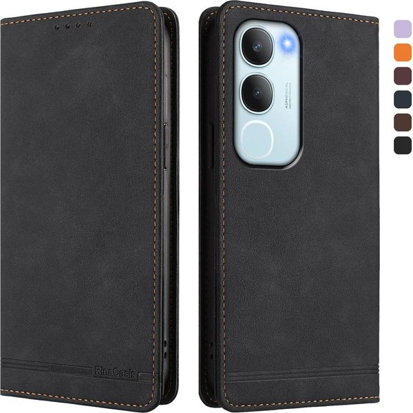 Custodia Per Vivo Y19S, Custodia Retro In Finto Cuoio Flip Con Supporto E Slot Per Carte Nero-image
