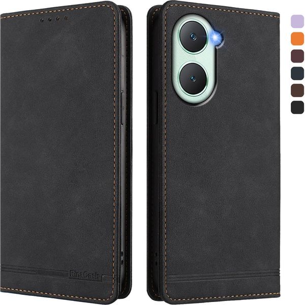 Custodia Per Vivo Y03, Custodia Retro In Finto Cuoio Flip Con Supporto E Slot Per Carte Nero-image