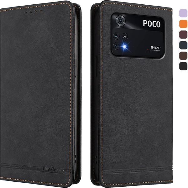 Custodia Per Xiaomi Poco M4 Pro 4G, Retro Custodia Flip In Finto Cuoio Con Supporto E Slot Per Schede Nero-image