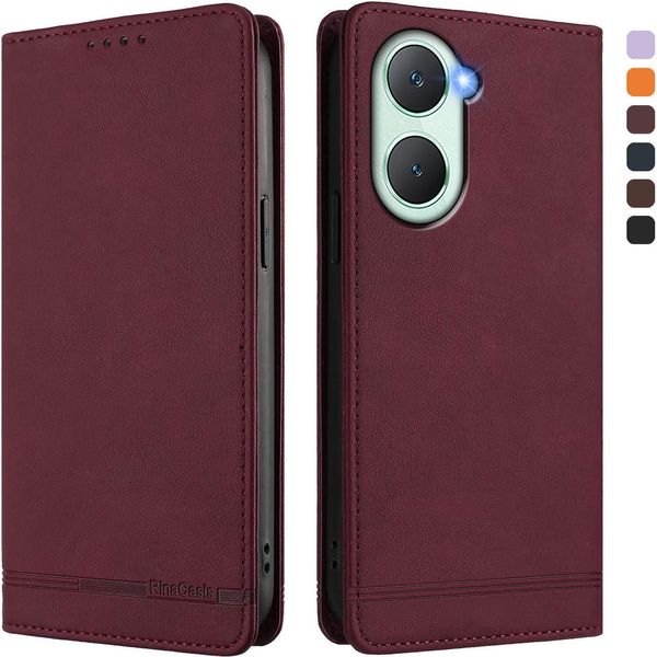 Custodia Per Vivo Y03, Custodia Retro In Finto Cuoio Con Supporto E Slot Per Carte Rosso-image