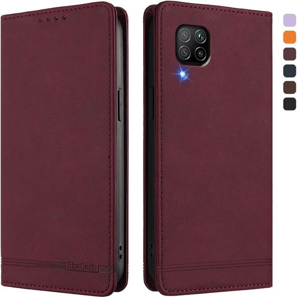 Custodia Per Huawei P40 Lite, Custodia Retro In Finto Cuoio Con Supporto E Slot Per Carte Di Credito Rosso-image