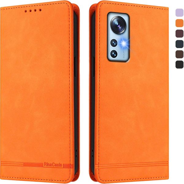 Custodia Per Xiaomi 12 /Xiaomi 12X /Xiaomi 12S, Retro Custodia In Finto Cuoio Flip Con Supporto E Slot Per Schede Arancione-image