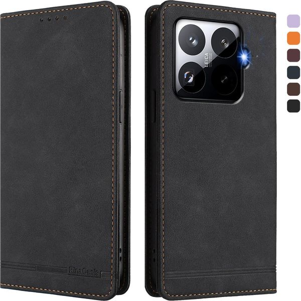 Custodia Per Xiaomi 15T Pro, Retro Custodia In Finto Cuoio Flip Con Supporto E Slot Per Schede Nero-image