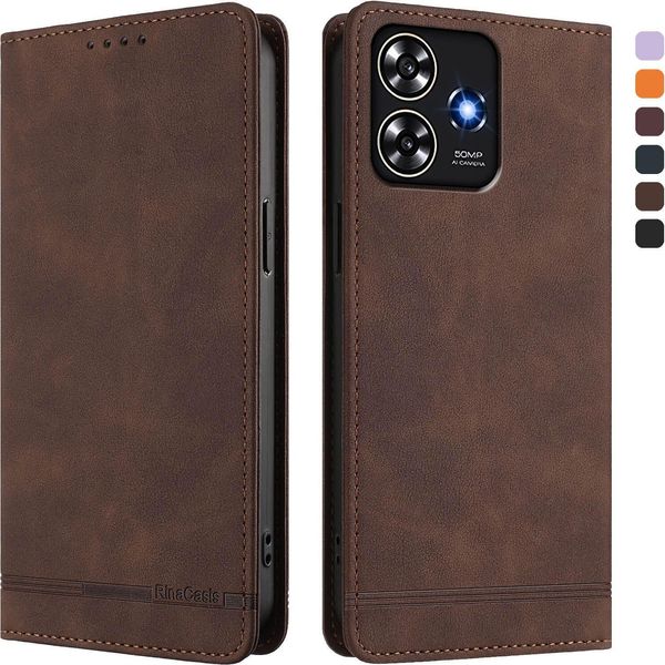 Custodia Per Zte Blade A73 4G, Retro Custodia In Finto Cuoio Flip Con Supporto E Slot Per Schede Marrone-image