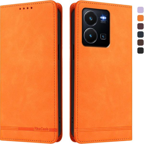 Custodia Per Vivo Y35 4G, Retro Custodia In Finto Cuoio Flip Con Supporto E Slot Per Carte Orange-image