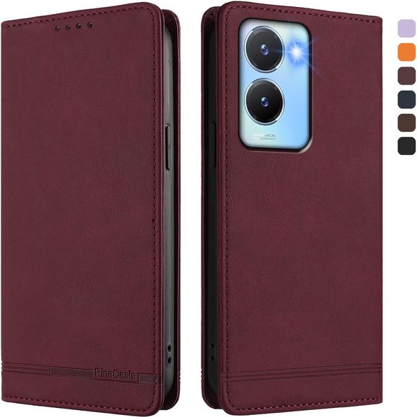 Custodia Per Vivo Y56 5G, Custodia Retro In Finto Cuoio Flip Con Supporto E Slot Per Carte Rosso-image