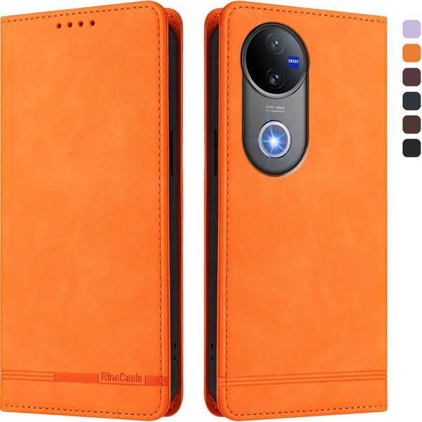 Custodia Per Vivo V50 5G, Custodia Retro In Finto Cuoio Flip Con Supporto E Slot Per Carte Orange-image