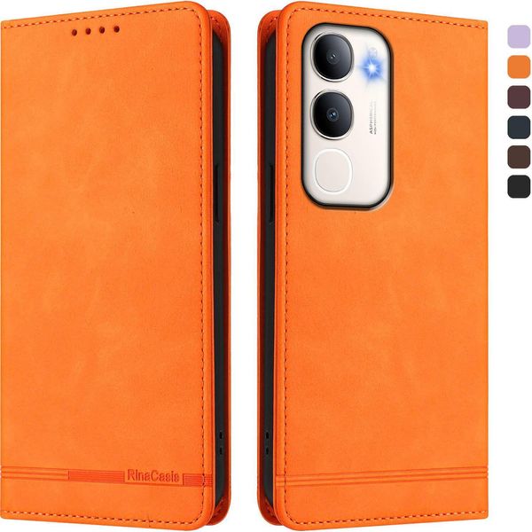 Custodia Per Vivo Y50 5G, Retro Custodia In Finto Cuoio Flip Con Supporto E Slot Per Carte Orange-image