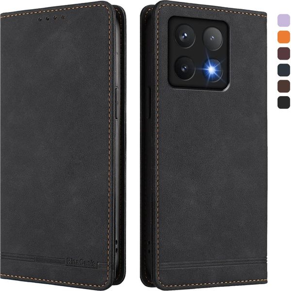Custodia Per Xiaomi 14T Pro, Retro Custodia In Finto Cuoio Flip Con Supporto E Slot Per Carte Nero-image