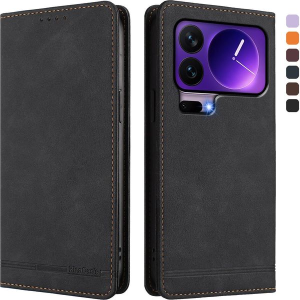 Custodia Per Xiaomi 17 Pro, Custodia Retro In Finto Cuoio Flip Con Supporto E Slot Per Carte Nero-image