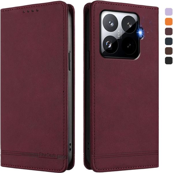 Custodia Per Xiaomi 15T Pro, Retro Custodia In Finto Cuoio Flip Con Supporto E Slot Per Carte Rosso-image