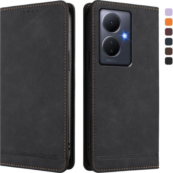 Custodia Per Vivo Y78 Plus, Custodia Retro In Finto Cuoio Flip Con Supporto E Slot Per Carte Nero-image