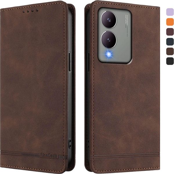 Custodia Per Vivo Y17S, Custodia Retro In Finto Cuoio Con Supporto E Slot Per Carte Di Credito Marrone-image