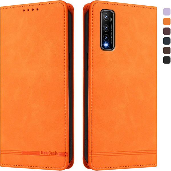 Custodia Per Vivo Y70S, Custodia Retro In Finto Cuoio Flip Con Supporto E Slot Per Carte Orange-image