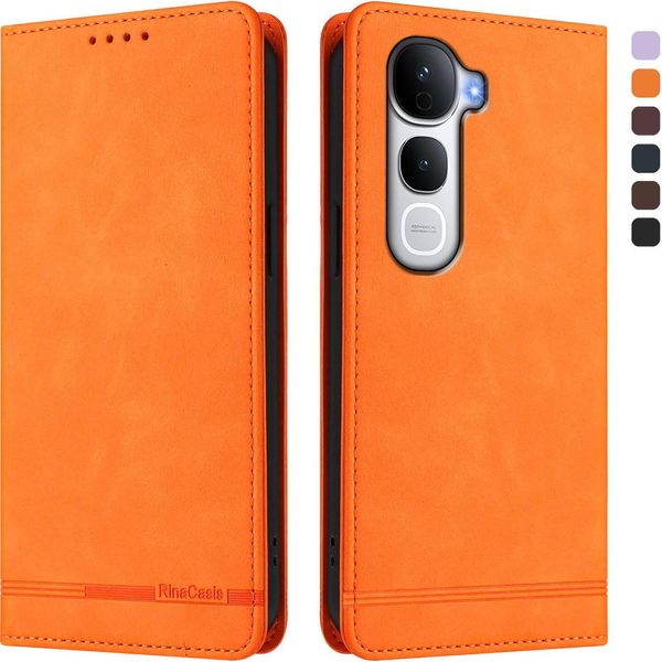 Custodia Per Vivo Y400 Pro, Custodia Retro In Finto Cuoio Flip Con Supporto E Slot Per Carte Arancione-image