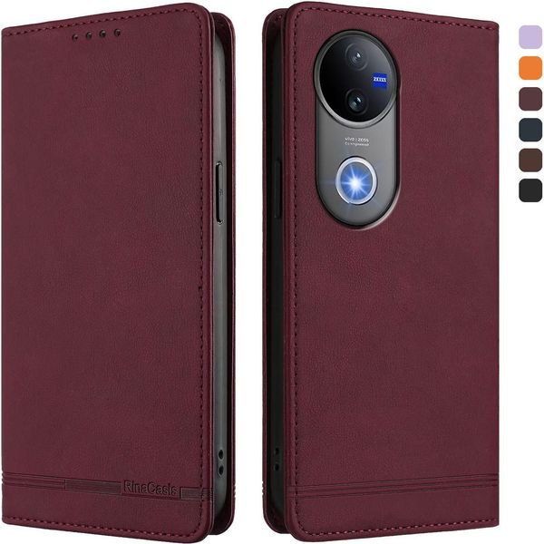 Custodia Per Vivo V50 5G, Custodia Retro In Finto Cuoio Con Supporto E Slot Per Carte Di Credito Rosso-image