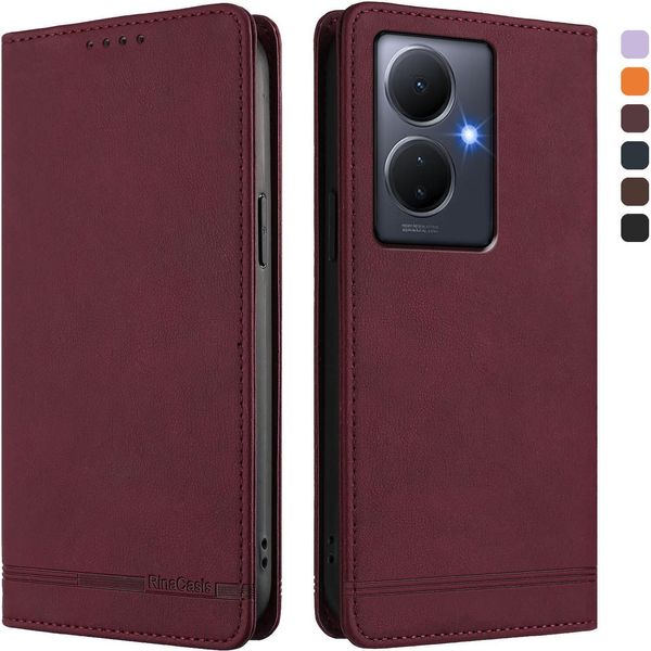 Custodia Per Vivo Y78 Plus, Custodia Retro In Finto Cuoio Flip Con Supporto E Slot Per Carte Rosso-image