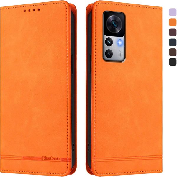 Custodia Per Xiaomi 12T / Xiaomi 12T Pro, Retro Custodia In Finto Cuoio Flip Con Supporto E Slot Per Schede Arancione-image