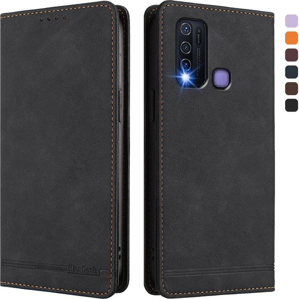 Custodia Per Vivo Y30 4G, Custodia Retro In Finto Cuoio Con Supporto E Slot Per Carte Di Credito Nero-image