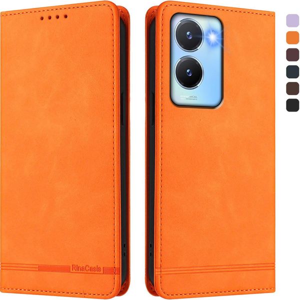 Custodia Per Vivo Y56 5G, Retro Custodia In Finto Cuoio Flip Con Supporto E Slot Per Carte Orange-image