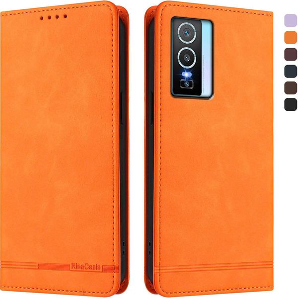 Custodia Per Vivo Y76 5G, Retro Custodia In Finto Cuoio Flip Con Supporto E Slot Per Carte Orange-image