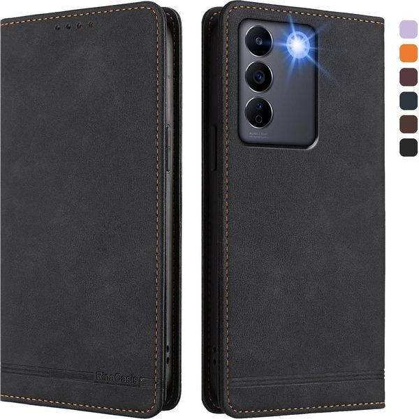 Custodia Per Vivo V27 / V27 Pro, Retro Custodia Flip In Finto Cuoio Con Supporto E Slot Per Carte Nero-image