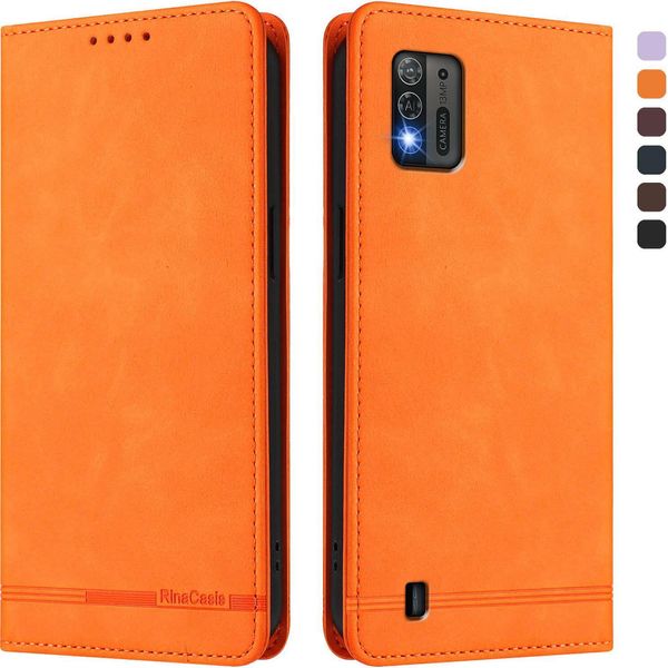 Custodia Per Zte Blade A52 Lite, Custodia Retro In Finto Cuoio Flip Con Supporto E Slot Per Schede Arancione-image