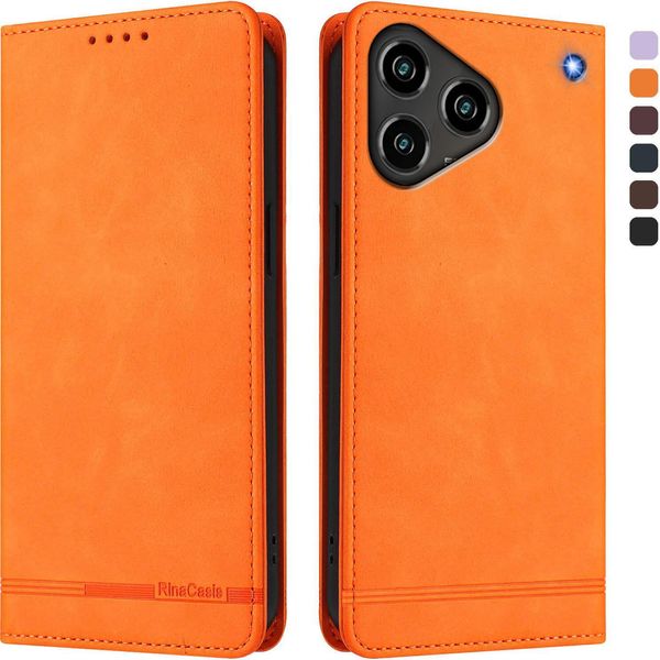 Custodia Per Zte Blade A76 4G, Custodia Retro In Finto Cuoio Con Supporto E Slot Per Schede Arancione-image