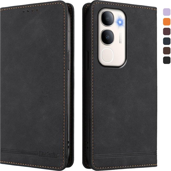 Custodia Per Vivo Y50 5G, Custodia Retro In Finto Cuoio Con Supporto E Slot Per Carte Di Credito Nero-image