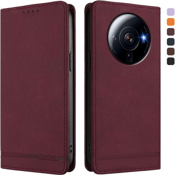 Custodia Per Xiaomi 12S Ultra, Retro Custodia In Finto Cuoio Flip Con Supporto E Slot Per Carte Rosso-image