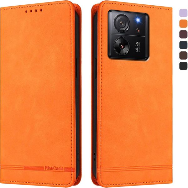Custodia Per Xiaomi 13T / Xiaomi 13T Pro, Retro Custodia In Finto Cuoio Flip Con Supporto E Slot Per Schede Arancione-image