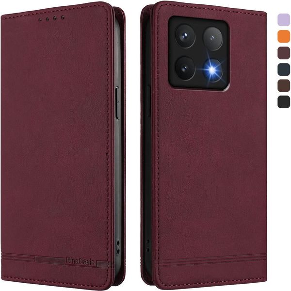 Custodia Per Xiaomi 14T, Retro Custodia In Finto Cuoio Flip Con Supporto E Slot Per Carte Rosso-image