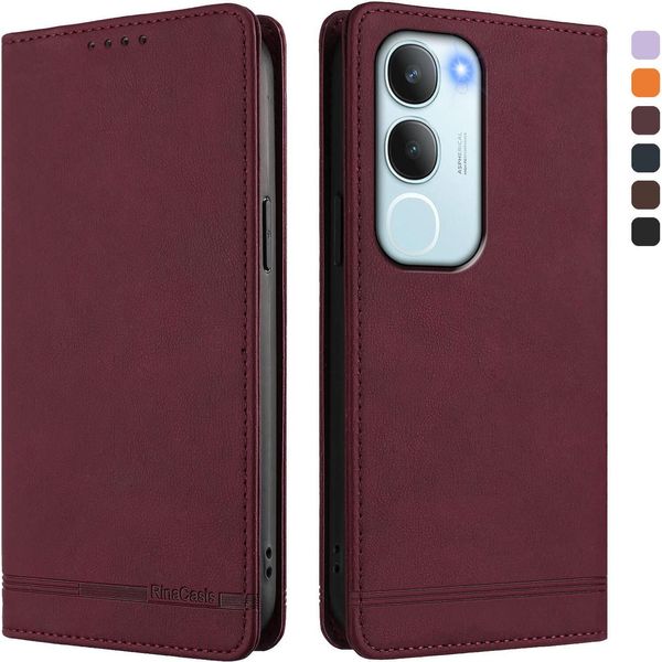 Custodia Per Vivo Y19S, Custodia Retro In Finto Cuoio Flip Con Supporto E Slot Per Carte Rosso-image