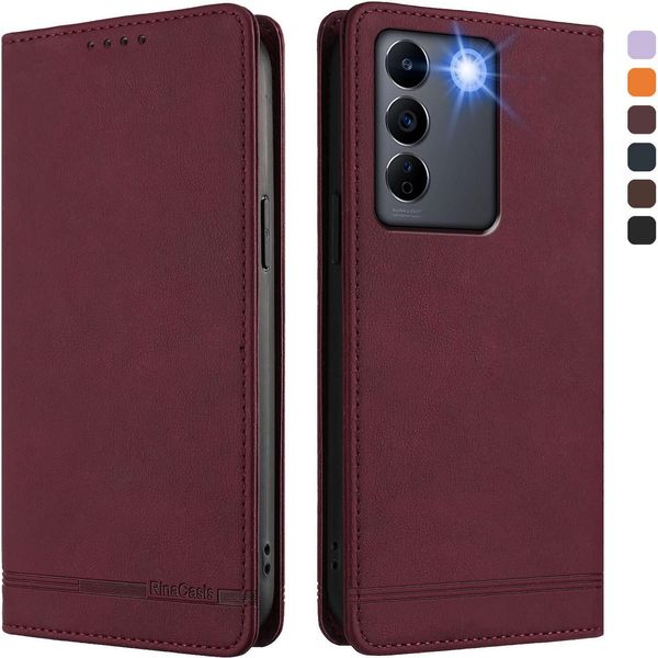 Custodia Per Vivo V27E, Custodia Retro In Finto Cuoio Con Supporto E Slot Per Carte Di Credito Rosso-image