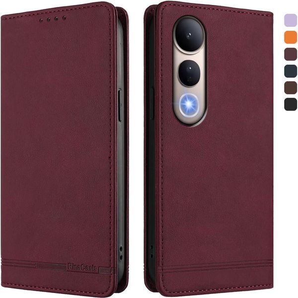 Custodia Per Vivo V50 Lite 5G/4G, Custodia Retro In Finto Cuoio Con Supporto E Slot Per Carte Rosso-image