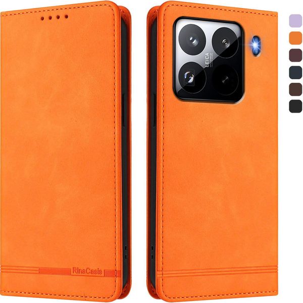 Custodia Per Xiaomi 15 Pro, Custodia Retro In Finto Cuoio Con Supporto E Slot Per Schede Arancione-image