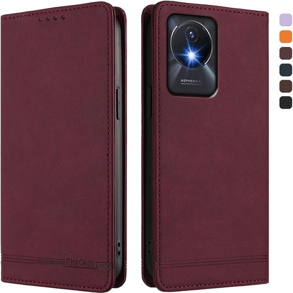 Custodia Per Vivo Y02A, Custodia Retro In Finto Cuoio Flip Con Supporto E Slot Per Carte Rosso-image