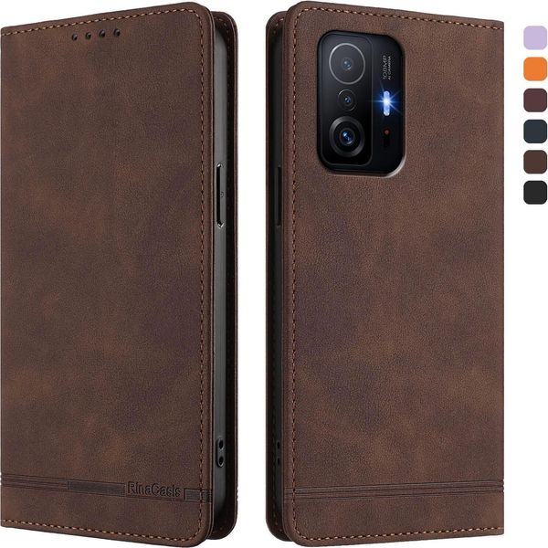 Custodia Per Xiaomi 11T / Xiaomi 11T Pro, Retro Custodia In Finto Cuoio Flip Con Supporto E Slot Per Schede Brown-image