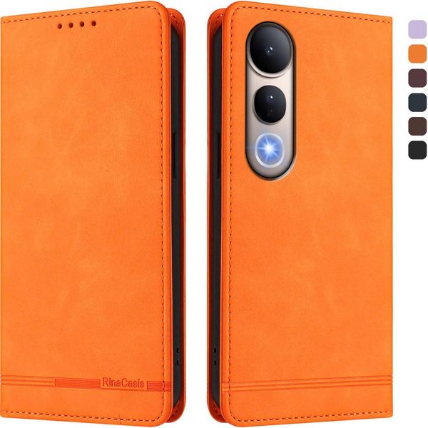 Custodia Per Vivo V50 Lite 5G/4G, Custodia Retro In Finto Cuoio Flip Con Supporto E Slot Per Carte Orange-image