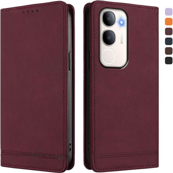 Custodia Per Vivo Y50 5G, Custodia Retro In Finto Cuoio Con Supporto E Slot Per Carte Di Credito Rosso-image