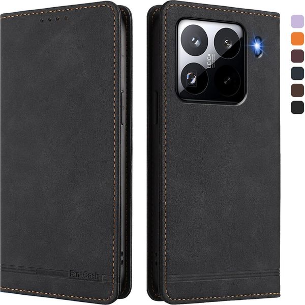 Custodia Per Xiaomi 15 Pro, Retro Custodia In Finto Cuoio Flip Con Supporto E Slot Per Schede Nero-image