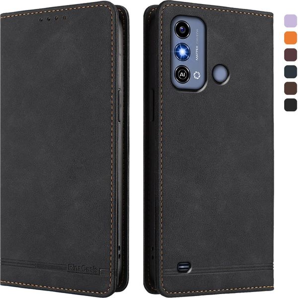 Custodia Per Zte Blade A53, Custodia Retro In Finto Cuoio Con Supporto E Slot Per Schede Nero-image