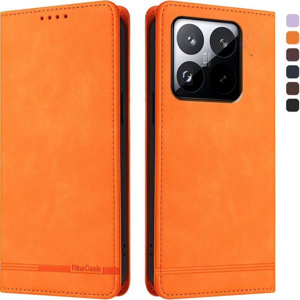 Custodia Per Xiaomi 15T, Retro Custodia In Finto Cuoio Flip Con Supporto E Slot Per Schede Arancione-image