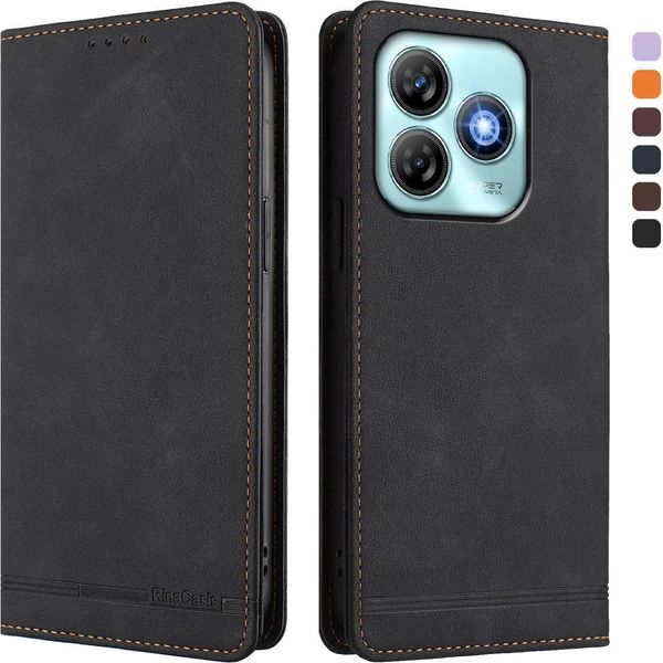 Custodia Per Zte Blade A75 4G, Retro Custodia In Finto Cuoio Flip Con Supporto E Slot Per Schede Nero-image