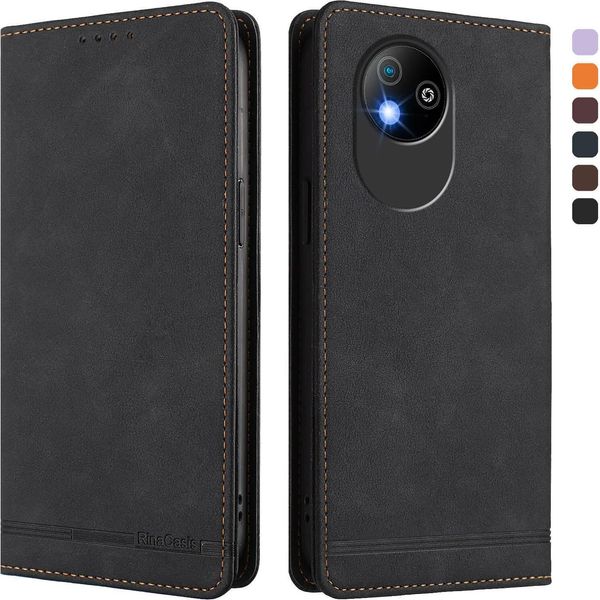Custodia Per Zte Blade A35 Lite, Retro Custodia In Finto Cuoio Flip Con Supporto E Slot Per Schede Nero-image
