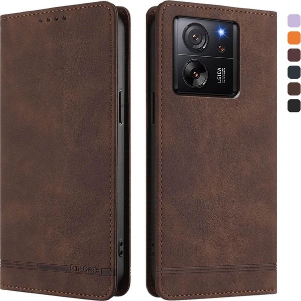 Custodia Per Xiaomi 13T / Xiaomi 13T Pro, Retro Custodia Flip In Finto Cuoio Con Supporto E Slot Per Carte Di Credito Marrone-image