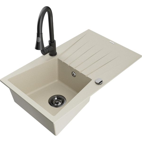 Mexen Cesar Lavello In Granito A 1 Vasca Con Scolapiatti E Rubinetto Da Cucina Elia, Beige - 6514-69-670101-70-image