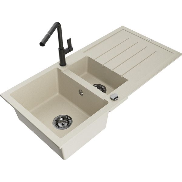 Mexen Andres Lavello In Granito 1,5 Vasche Con Scolapiatti E Miscelatore Cucina Flora, Beige - 6515-69-670401-70-B-image